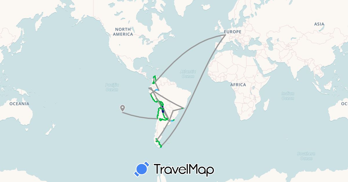 TravelMap itinerary: driving, bus, plane, cycling, hiking, boat in Argentina, Bolivia, Brazil, Chile, Colombia, Ecuador, France, Peru, Uruguay (Europe, South America)